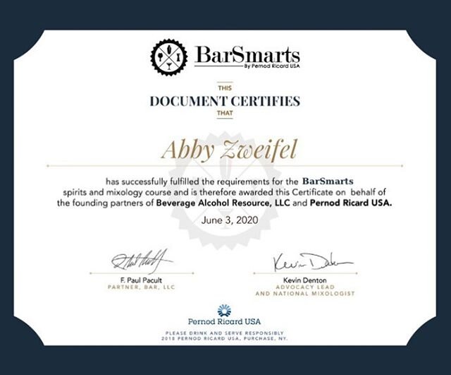 Done and done! Did this awhile back, forgot to post it! @barsmarts  was totally worth it and I encourage anyone wanting to deepen their knowledge of cocktail history, distilling and bartending tidbits to give it a go!