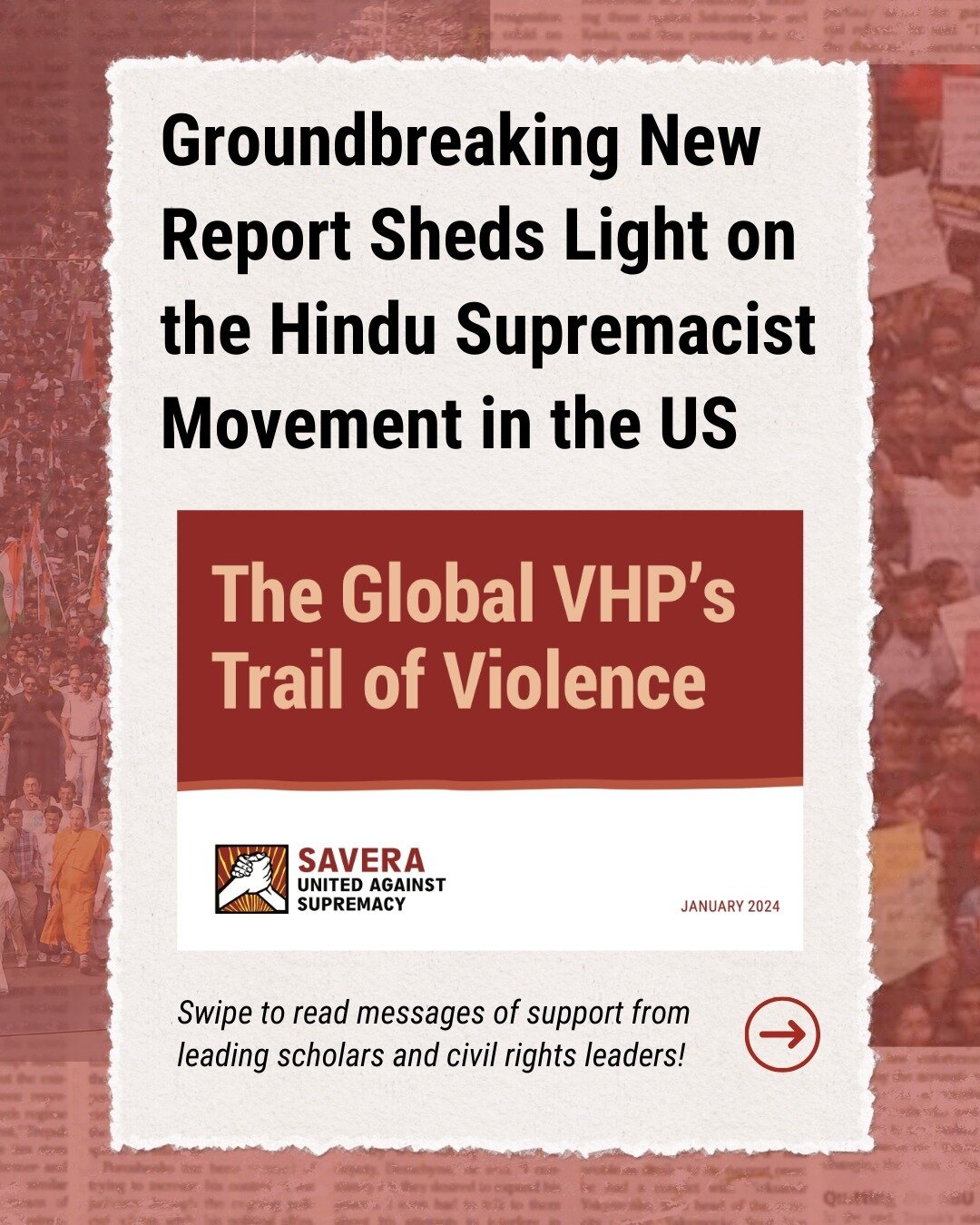HfHR is proud to be part of the @wearesavera coalition&mdash;an interfaith, multi-racial, anti-caste coalition of activists and organizations working together to resist the rise of supremacist hatred and build a new world for our communities. Today, 