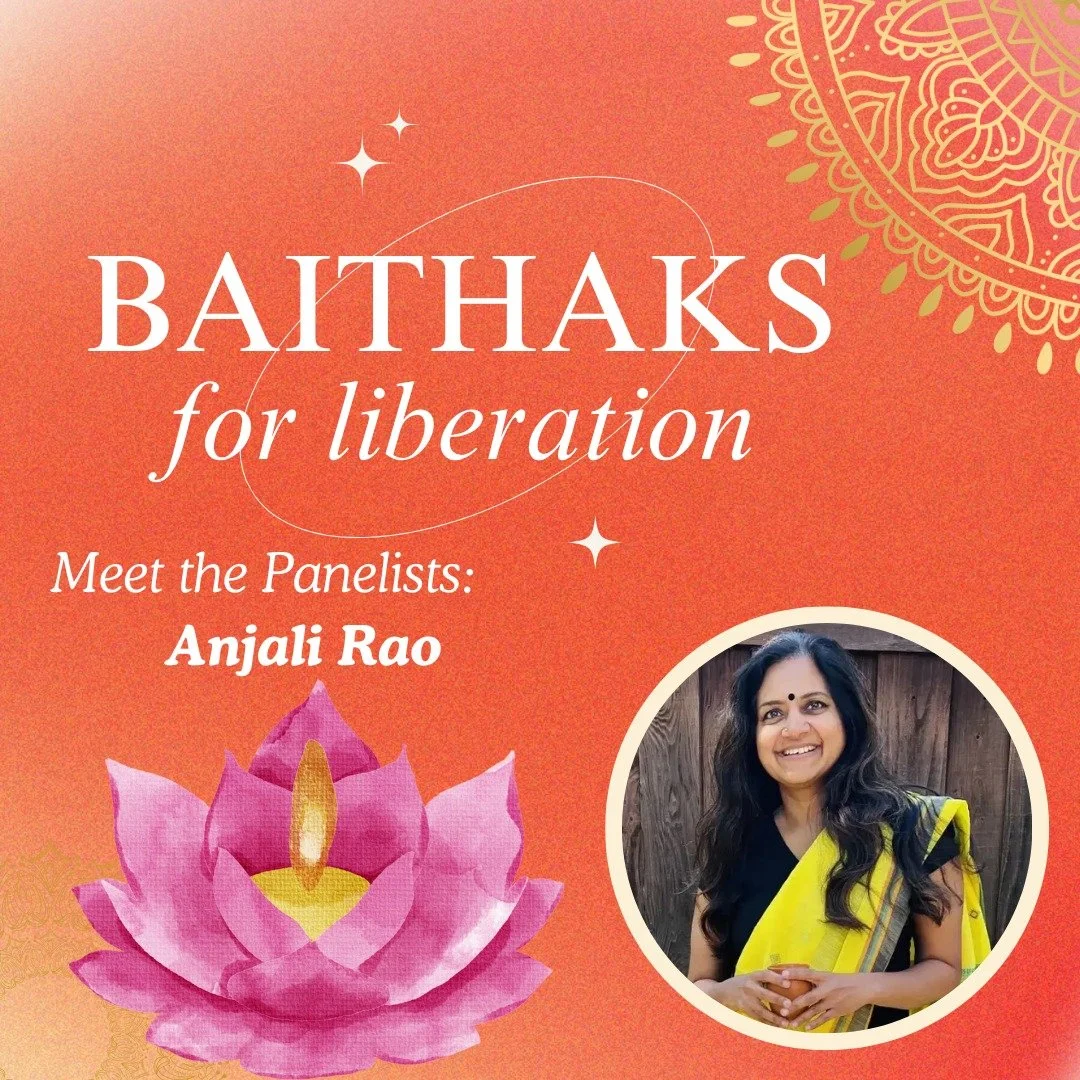 Our baithak is tomorrow -- we hope to see you there! 🧡 
This baithak focuses on yoga as a means of achieving liberation; in particular, Anjali Rao { yoganjali }'s new book, Yoga as Embodied Resistance: A Feminist Lens on Caste, Gender, and Sacred R