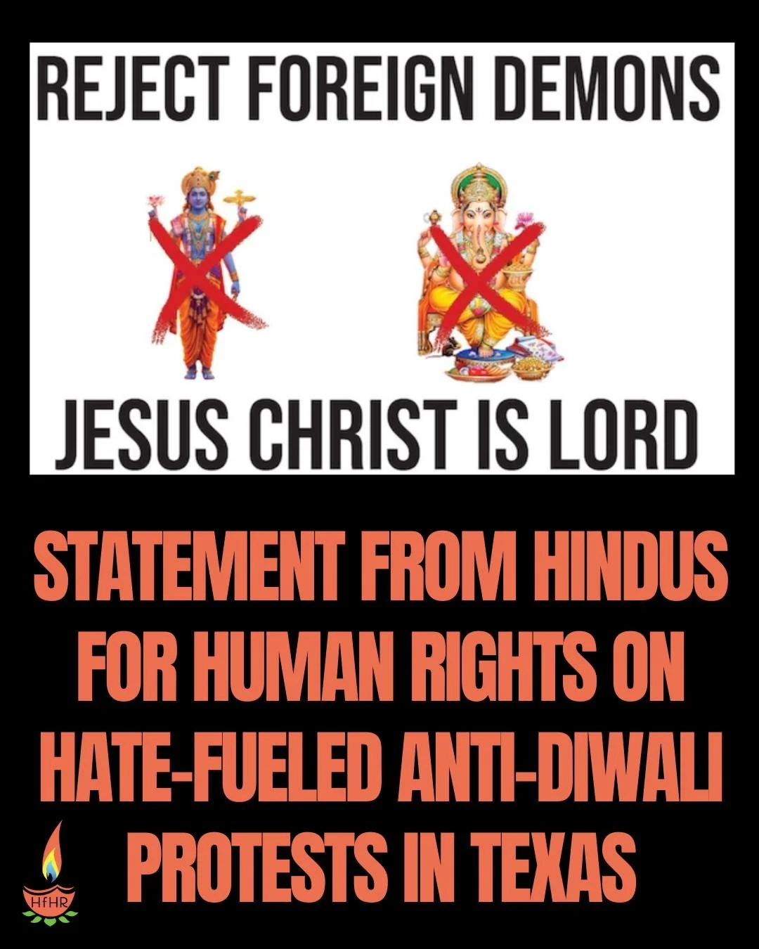 We are outraged by the hateful demonstration staged by the far-right group Take Action Texas in Irving, where masked protesters carried signs calling Hindu deities &ldquo;foreign demons&rdquo; and describing Diwali as &ldquo;garbage.&rdquo;

This was
