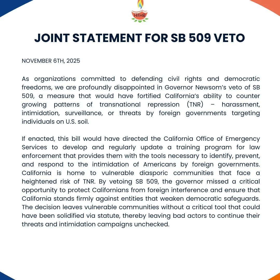 Organizations Condemn Governor Newsom&rsquo;s Veto of SB 509

@SikhAmericans 
@sikhcoalition 
@amnestyusa 
@southasiannetwork 
@uyghurhumanrightsproject 
@indianamericanmuslimcouncil 
@indiacivilwatchintl
@hrichina 
@dc4hk 
chinaaid 
@humanitarian_ch