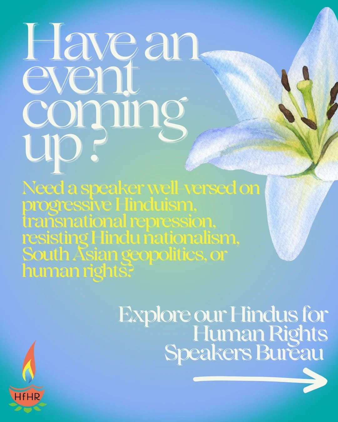 Have an event coming up? 📆 

Have Hindus for Human Rights come and speak!

Our talented and enthusiastic staff are well-versed on progressive Hinduism, transnational repression, resisting Hindu nationalism, South Asian geopolitics, human rights, and