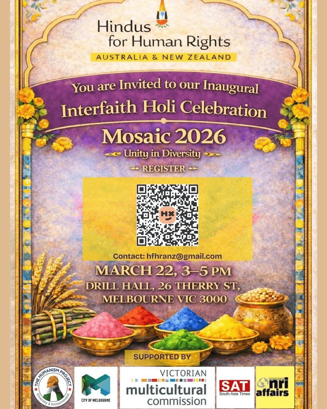 🌸 You&rsquo;re Invited: Mosaic 2026 &ndash; Interfaith Holi Celebration 🌸
Hosted by Hindus for Human Rights Australia &amp; New Zealand

Join us for our inaugural Interfaith Holi Celebration &mdash; a vibrant gathering rooted in Unity in Diversity.