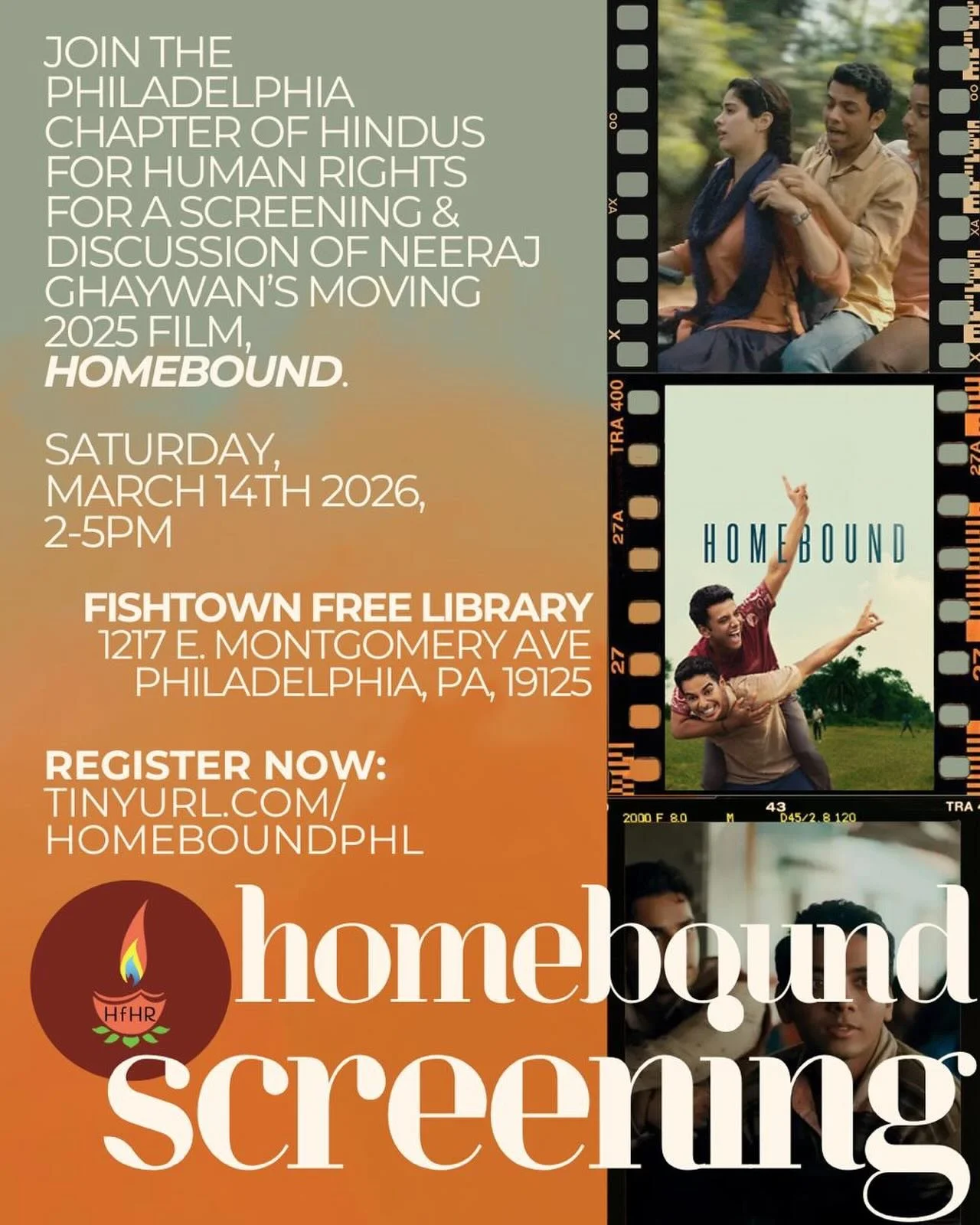 PHILADELPHIA: Join us for a special screening of Neeraj Ghaywan&rsquo;s moving, thoughtful, and emotional 2025 film, Homebound. 🎥

Following the lives of two friends as they apply for jobs in India&rsquo;s police force, this film tackles the complex