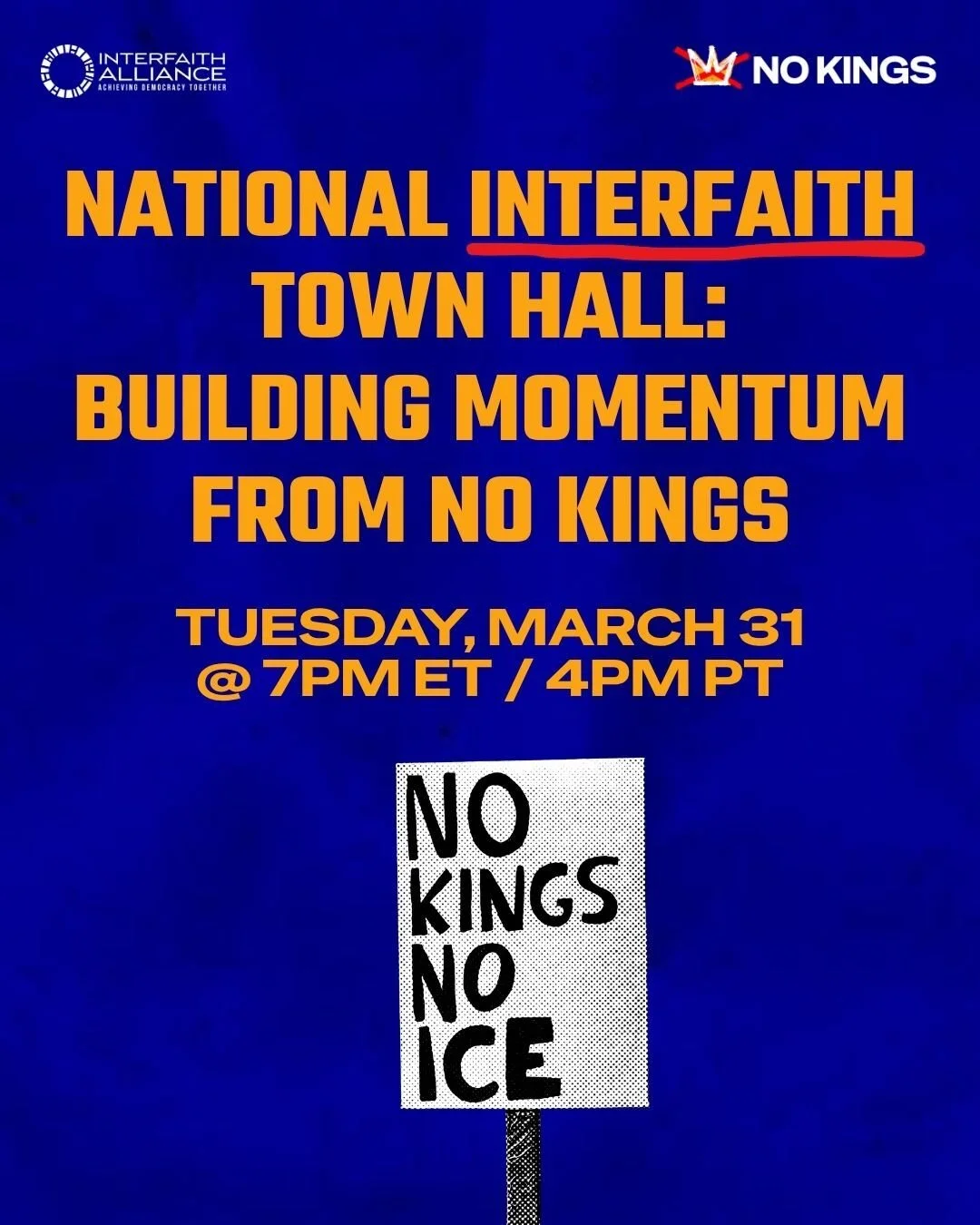What comes next?

Join partners for the National Interfaith Town Hall: Building Momentum from No Kings on Tuesday, March 31 at 7 PM ET / 4 PM PT.

We&rsquo;ll reflect on this moment, name the stakes, and organize for the next phase of action.

Regist
