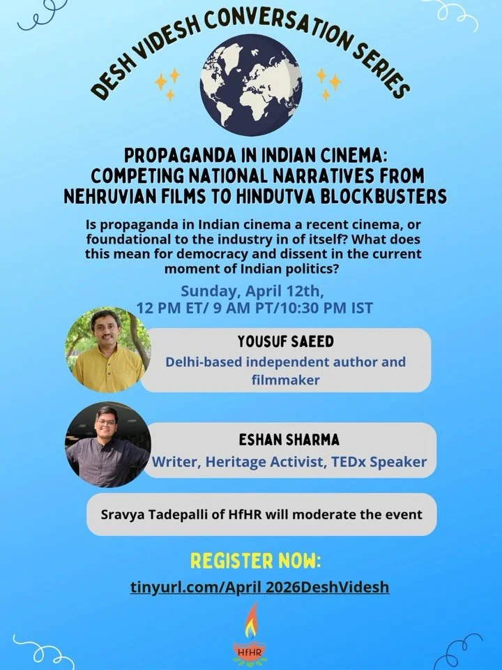 ✨🌎 Our Desh Videsh Conversation Series is BACK! 🌎✨

Our first Desh Videsh back is all about how cinema in India has long shaped how the nation imagines itself, especially its histories, its conflicts, and national belonging. 🎥

In recent years, a 