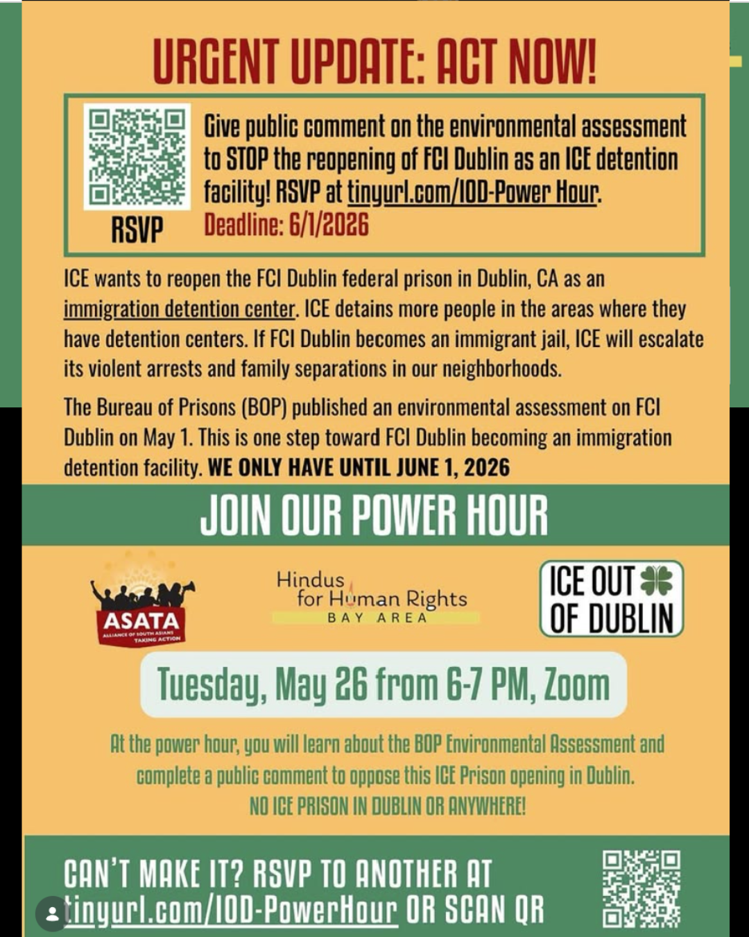 ICE Out of Dublin Coalition: South Asian Power Hour; VIRTUAL : 6–7 PM PT :: 7–8 PM MT :: 8–9 PM CT :: 9–10 PM ET