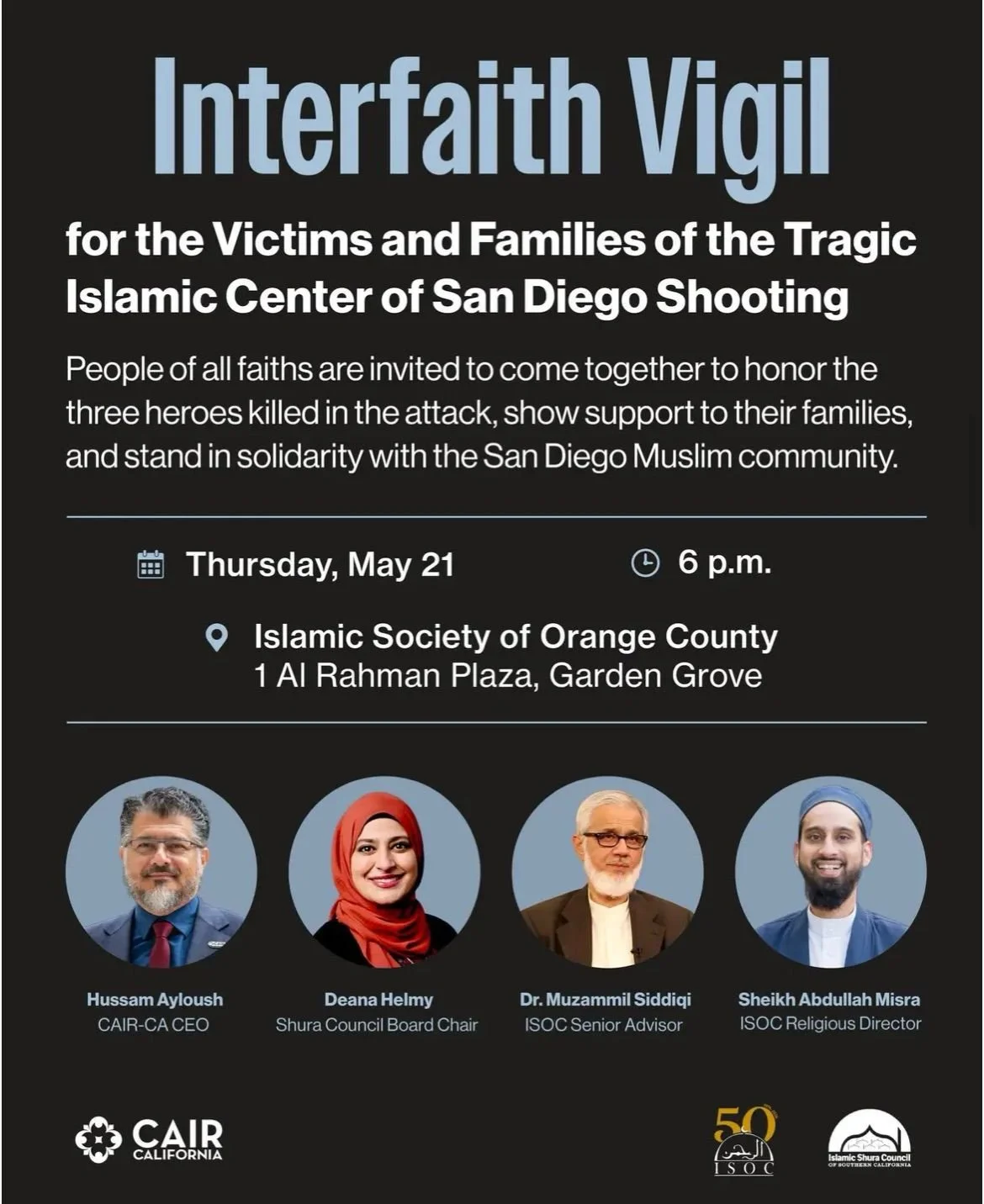 Interfaith Vigil for the Victims and Families of the Tragic Islamic Center of San Diego Shooting, Garden Grove, CA