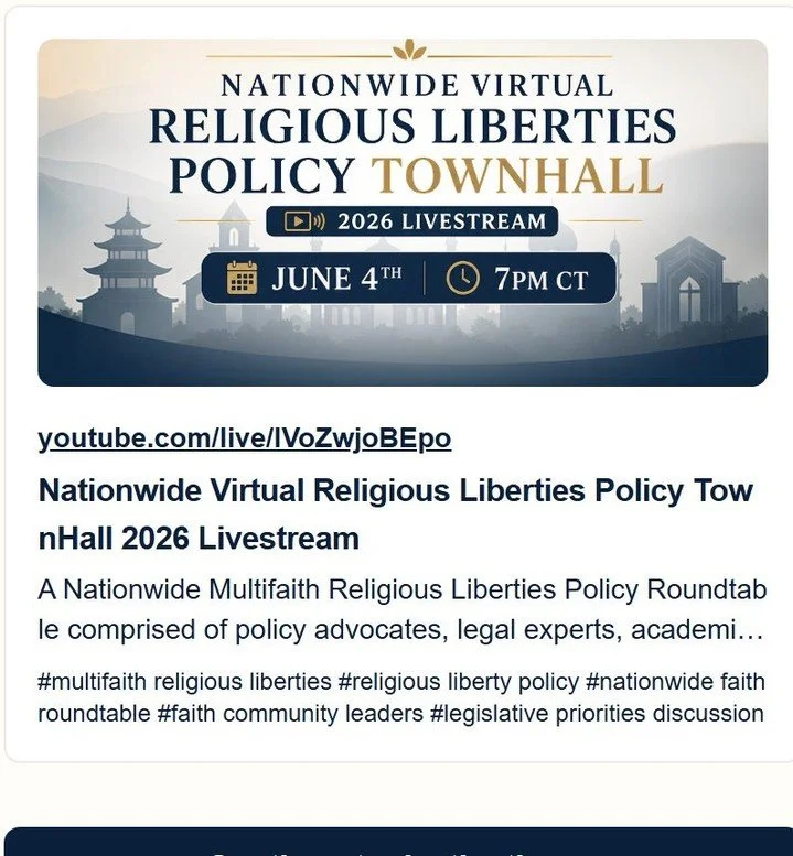 Join us Thursday, June 4 for the Nationwide Virtual Religious Liberties Policy Townhall.

HfHR Deputy Executive Director Sravya Tadepalli and Raja Gopal Bhattar, a friend of HfHR, will be among a broad multifaith group of speakers bringing legal, pol