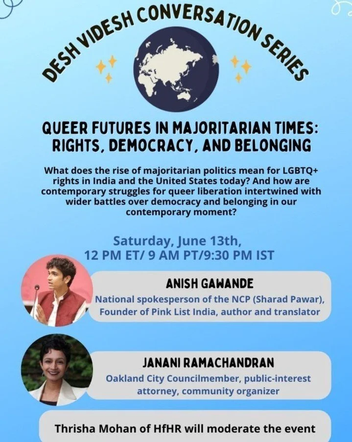 What does majoritarian politics mean for LGBTQ+ rights in India and the U.S.?

Join our Desh Videsh Conversation Series with Anish Gawande and Janani Ramachandran, moderated by Thrisha Mohan.

Sat, June 13
12 PM ET / 9 AM PT / 9:30 PM IST

Register: 