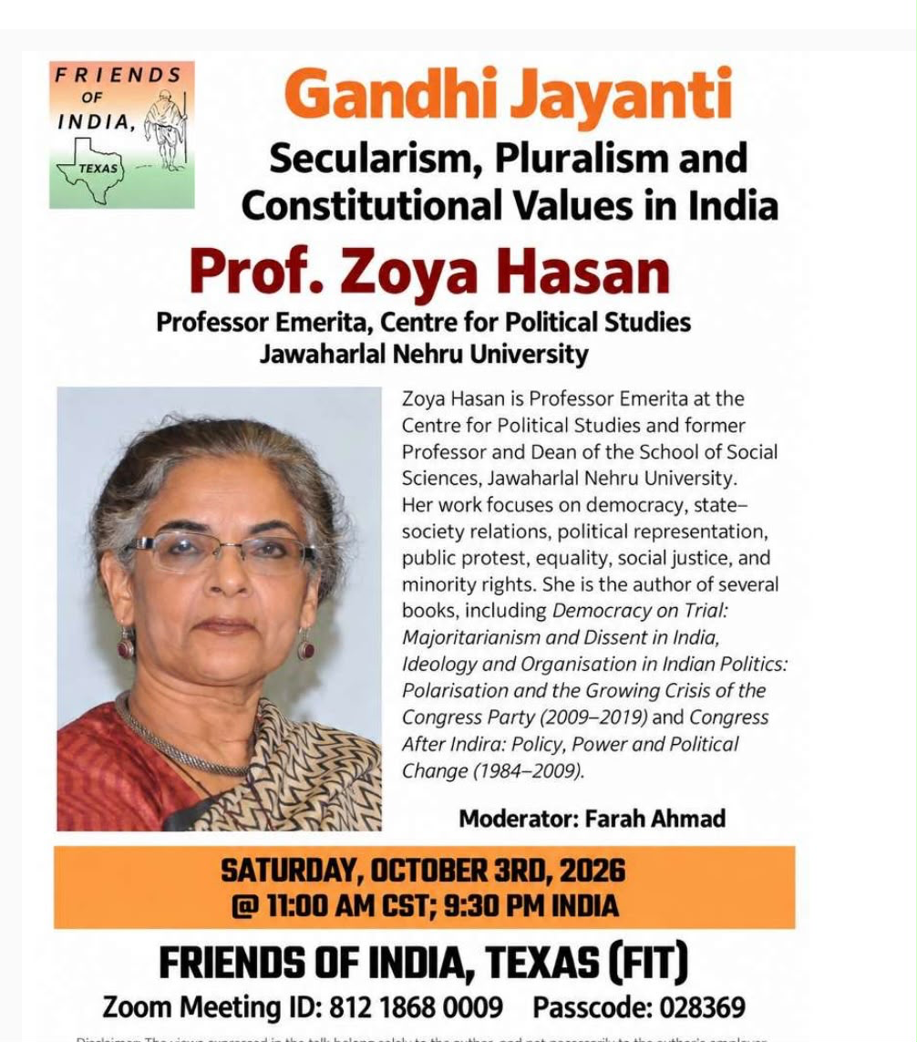 Gandhi Jayanti: Secularism, Pluralism and Constitutional Values in India on Zoom:  11:00 AM CT | 9:30 PM IST