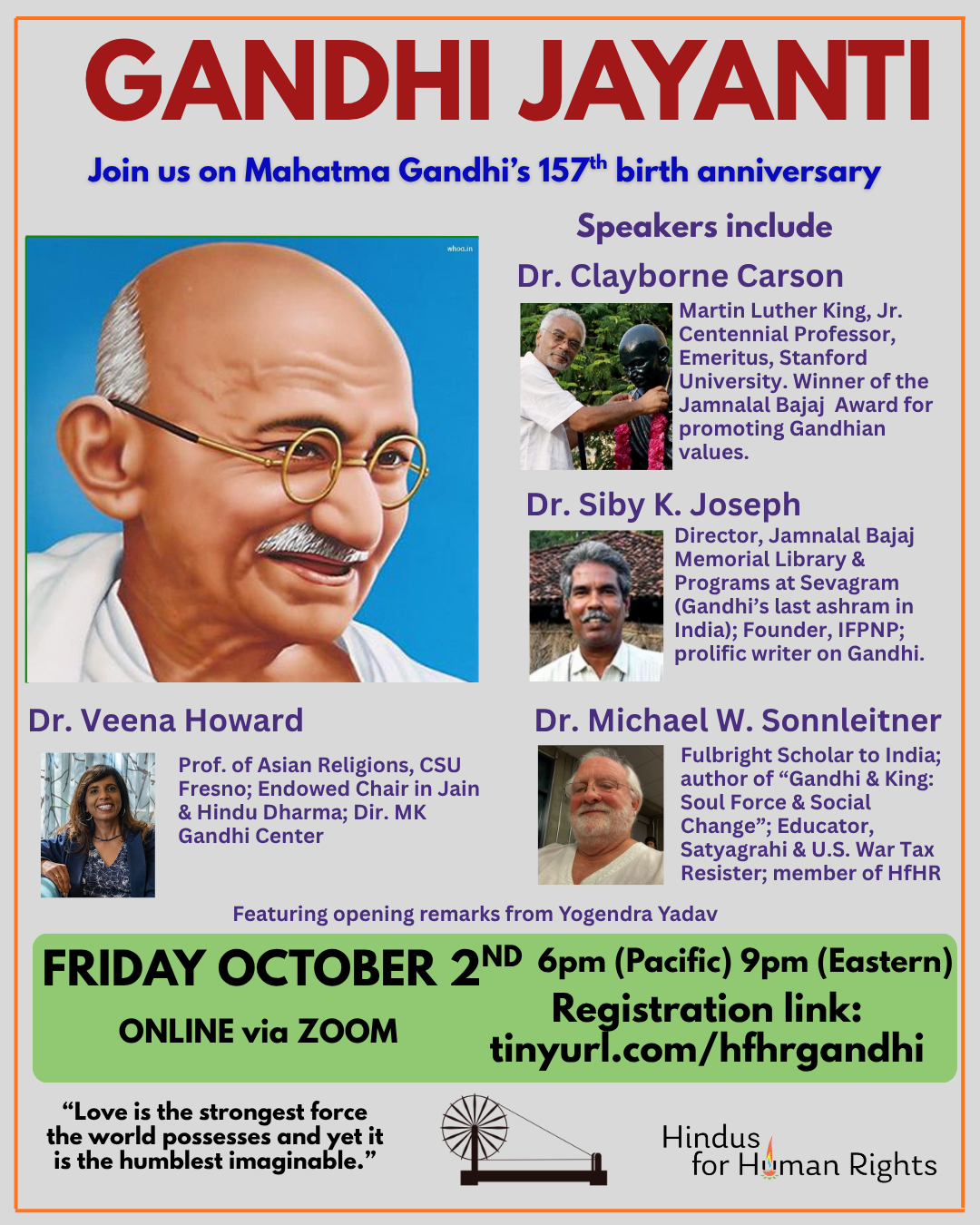 Gandhi Jayanti: Gandhi’s Legacy, Democracy, and Social Change  6:00 PM PT / 9:00 PM ET  ZOOM