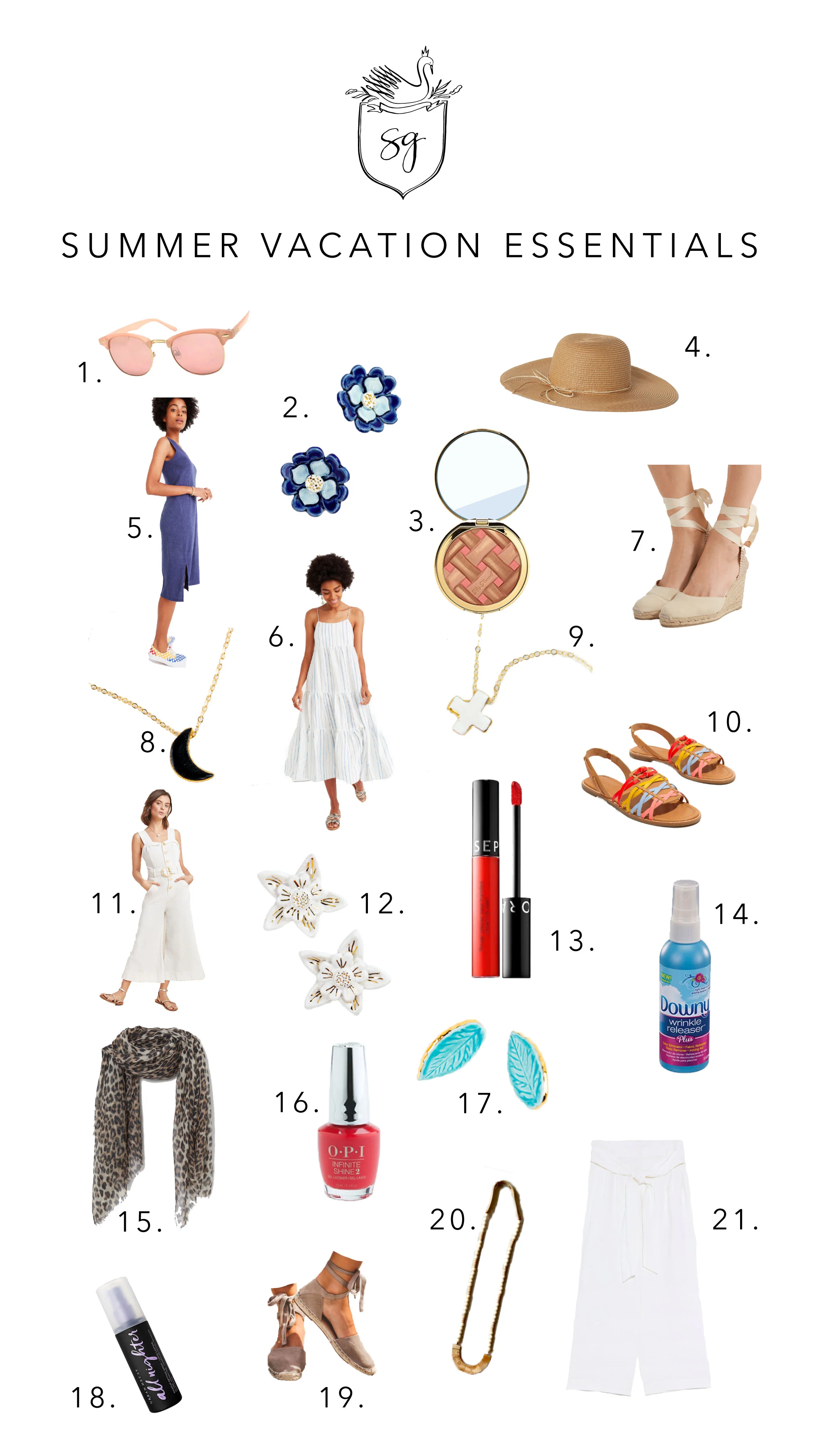 1. Target Sunglasses 2. SGP Flower Earrings in Blue 3. Too Faced Sweet Pie Bronzer & Blush in One 4. H&M Hat 5. Madewell Shirt Dress 6. Madewell Cami Dress 7. Net-A-Porter Espadrille Wedges 8. SGP Crescent Moon Necklace 9. SGP Meredith Necklace 10. Madewell Sandals 11. Anthropologie Jumpsuit 12. SGP Flower Earrings in White 13. Sephora #78 Matte Lip Stain 14. Downy Wrinkle Release Spray 15. H&M Leopard Sarong/Scarf 16. OPI Coca Cola Red Nail Polish 17. SGP Leaf Studs 18. Urban Decay All Nighter Make up Setting Spray 19. Vici Espadrille Flats 20. Hearne Dry Goods Wood Statement Necklace 21. Zara White linen paper bag pants with belt