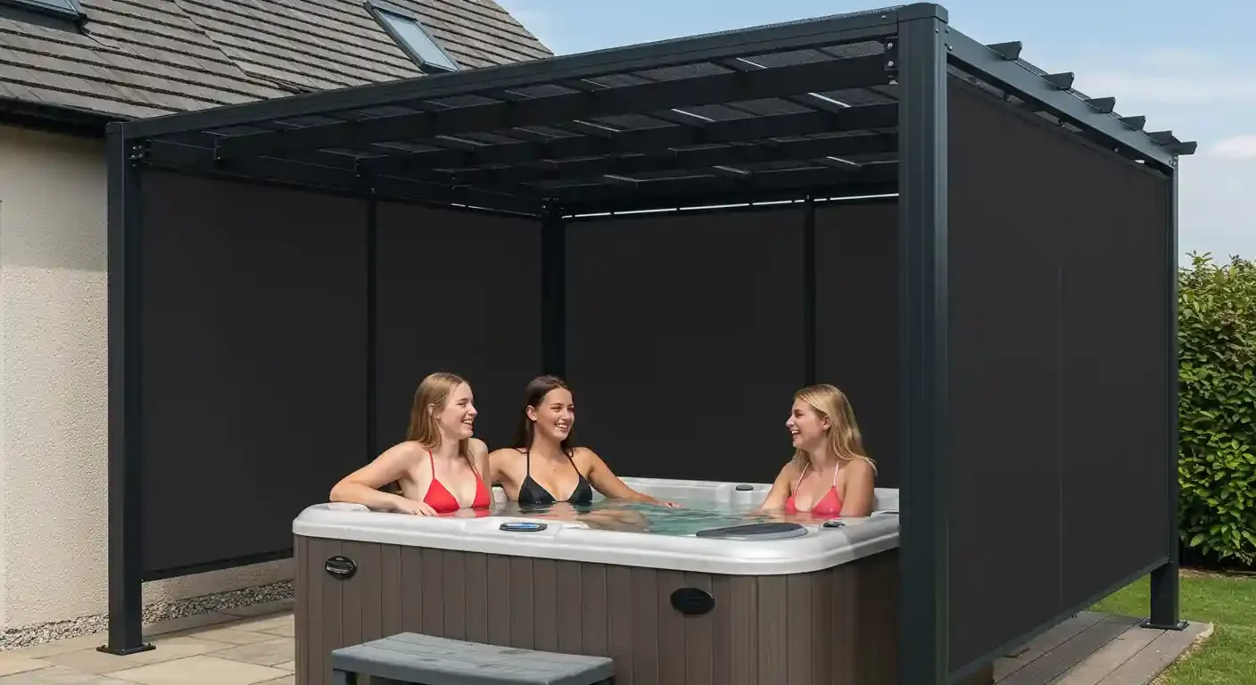 Three women in bikinis are relaxing in a hot tub on an outdoor patio, enclosed by a black privacy screen, with a house and blue sky in the background.