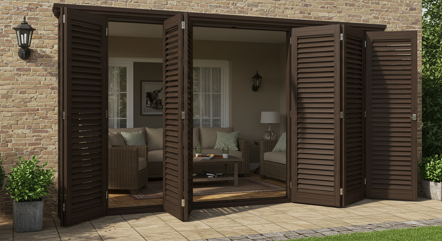 Open bi-fold wooden doors leading to a cozy patio area with wicker furniture, including a sofa and coffee table, decorated with cushions and a light fixture. The setting is adjacent to a brick wall with a lantern-style outdoor lamp.