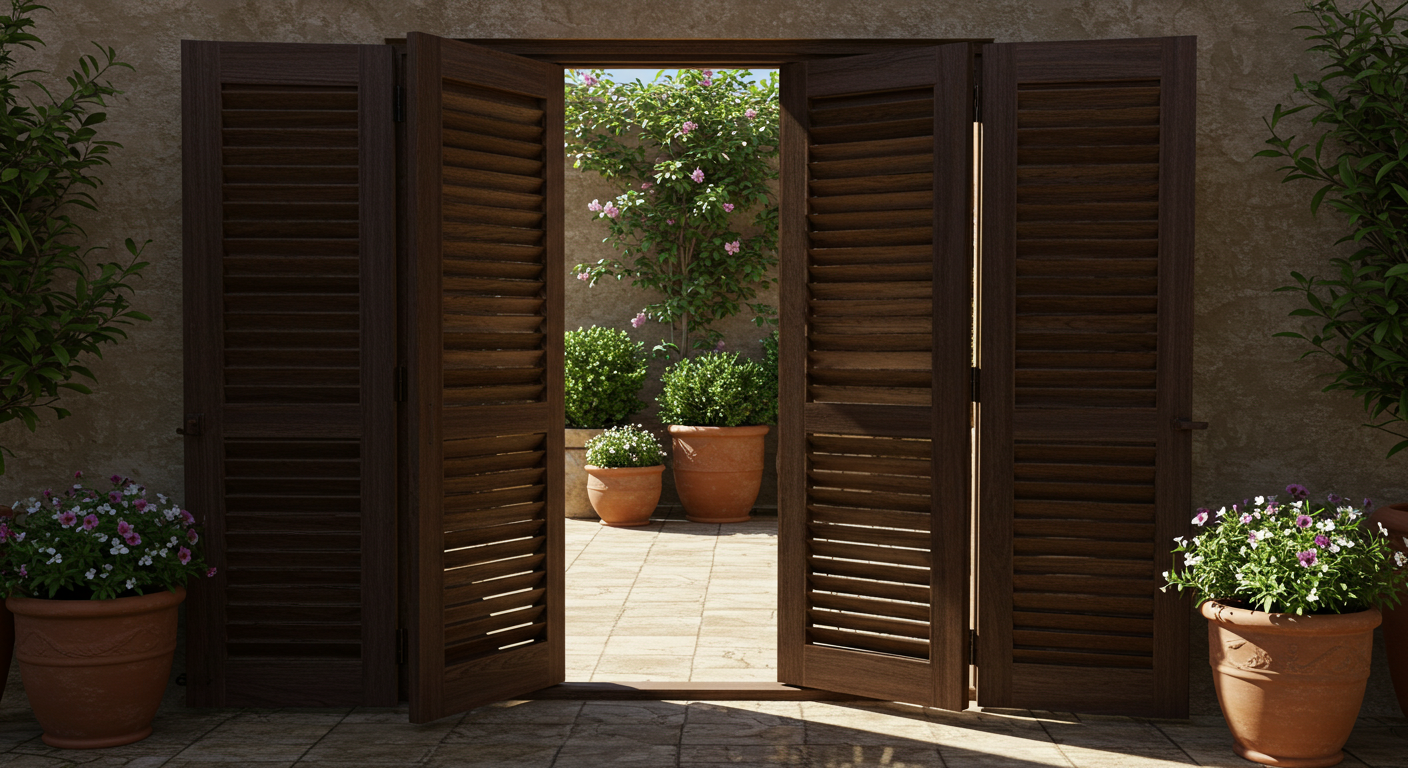 Wooden shutters opening to a patio with potted plants and flowers