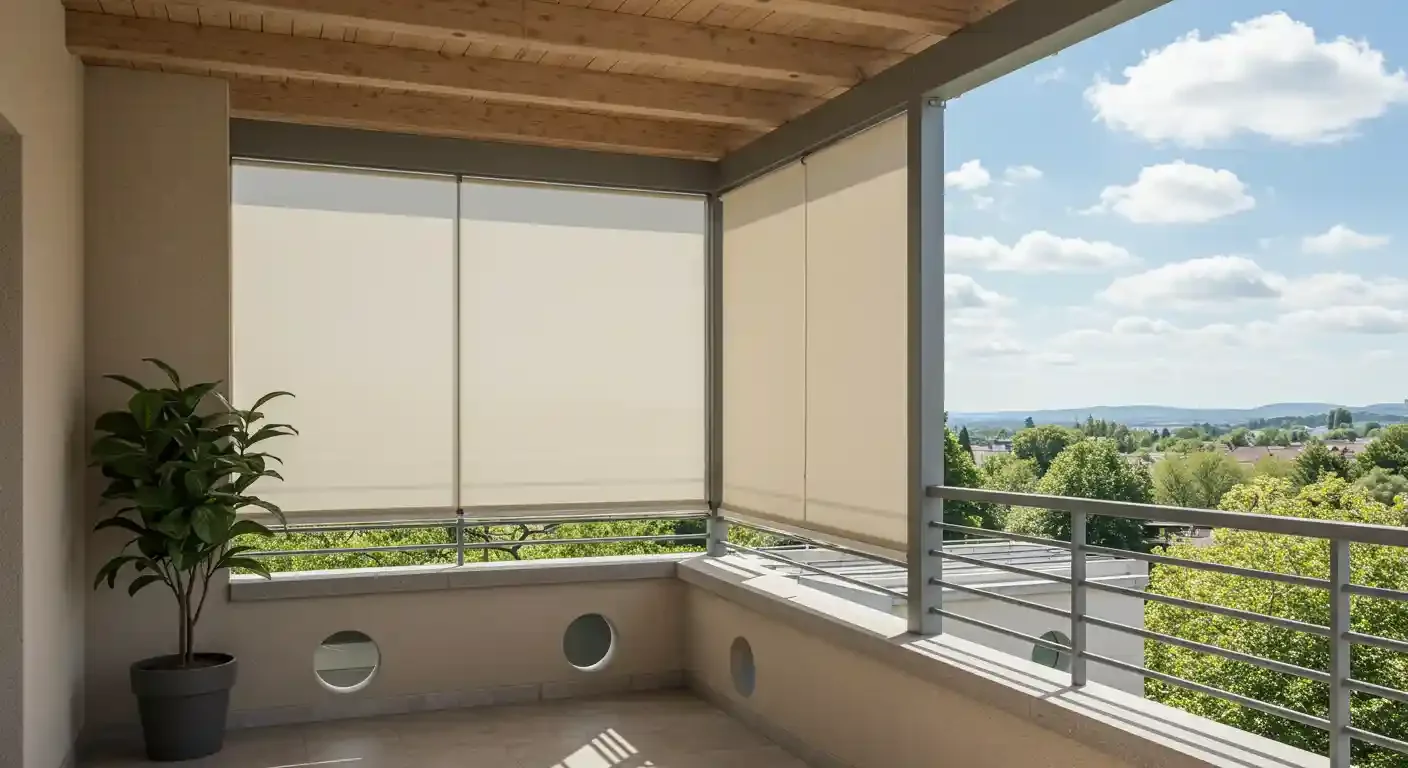 Covered balcony with potted plant, partially rolled-up beige blinds, view of green trees, rooftops, and blue sky with clouds.