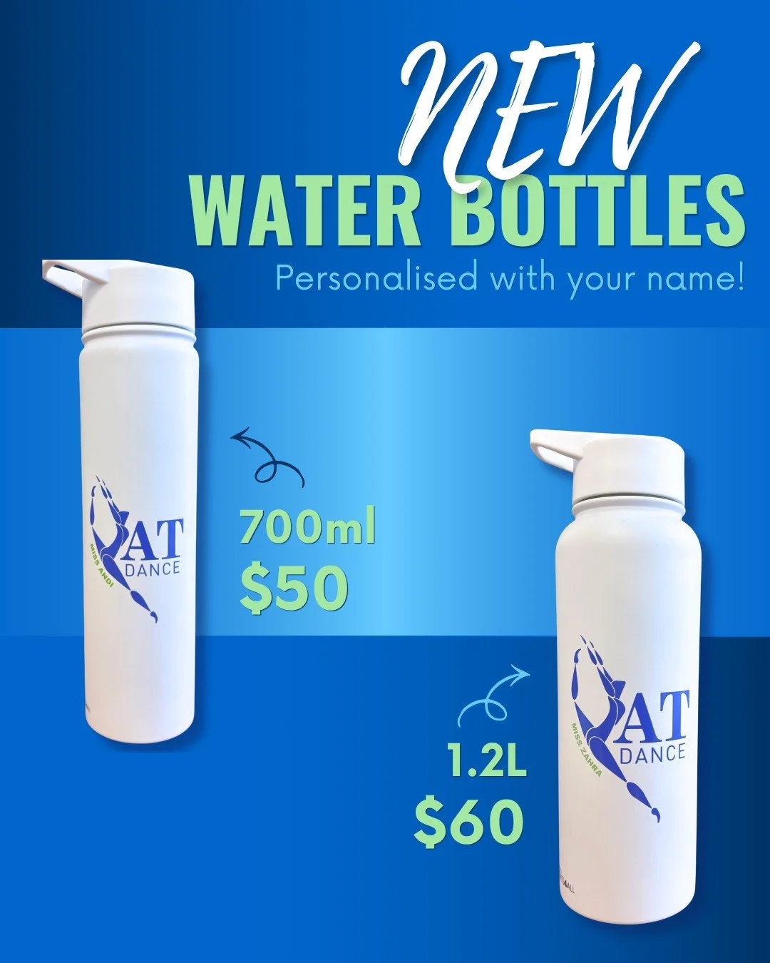 Ever forgotten to bring your water bottle to a dance class? We sure have. AT Dance is now selling water bottles customised with your name on them! 

Keep in touch for more details
