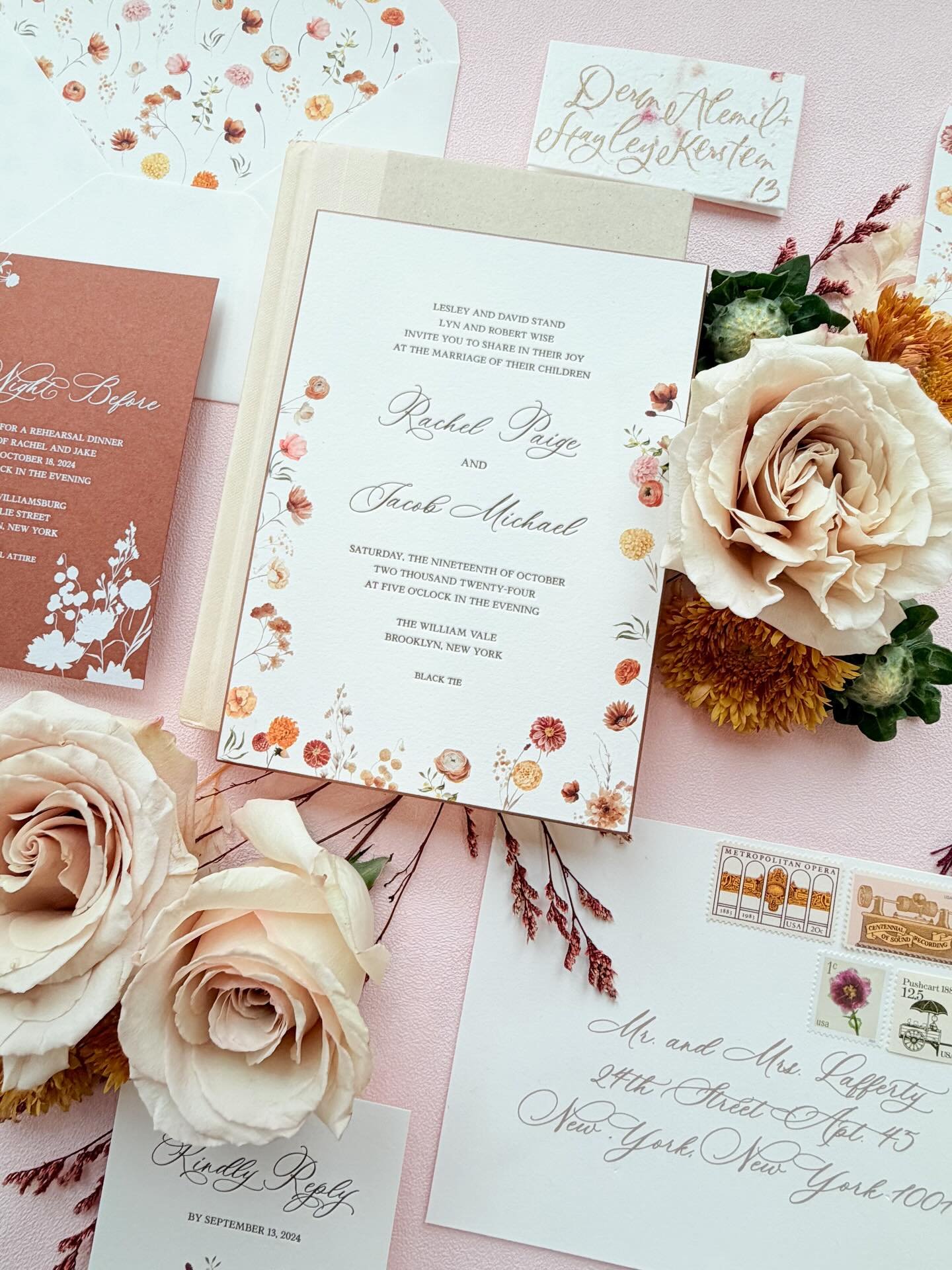 Magical fall stationery fitting for a love story&hellip;

Soft watercolor florals, dreamy letterpress impressions, shimmering copper edges, and a white-ink details card that feels like a whisper &mdash; a suite made to be swooned over.

Venue: @thewi