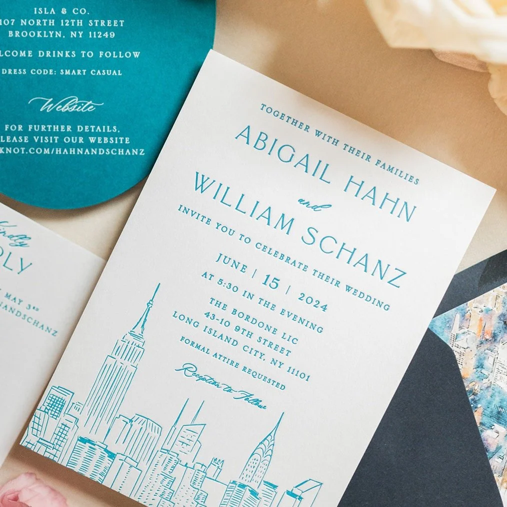 From skyline sketches to letterpress impressions&hellip;
 
This NYC-inspired wedding suite brought together clean line art, soft watercolor city views, and luxe texture for a modern yet timeless feel. Finished with deep navy envelopes and pops of tea