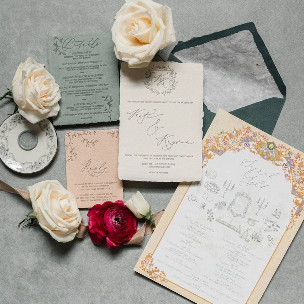 Pillowy handmade paper, soft letterpress impressions, and foil-specked handmade tissue liners, and a custom Sofreh Aghd. K+K&rsquo;s stationery was designed to feel romantic, layered, and timeless from the very first touch. 

Honoring such a beautifu