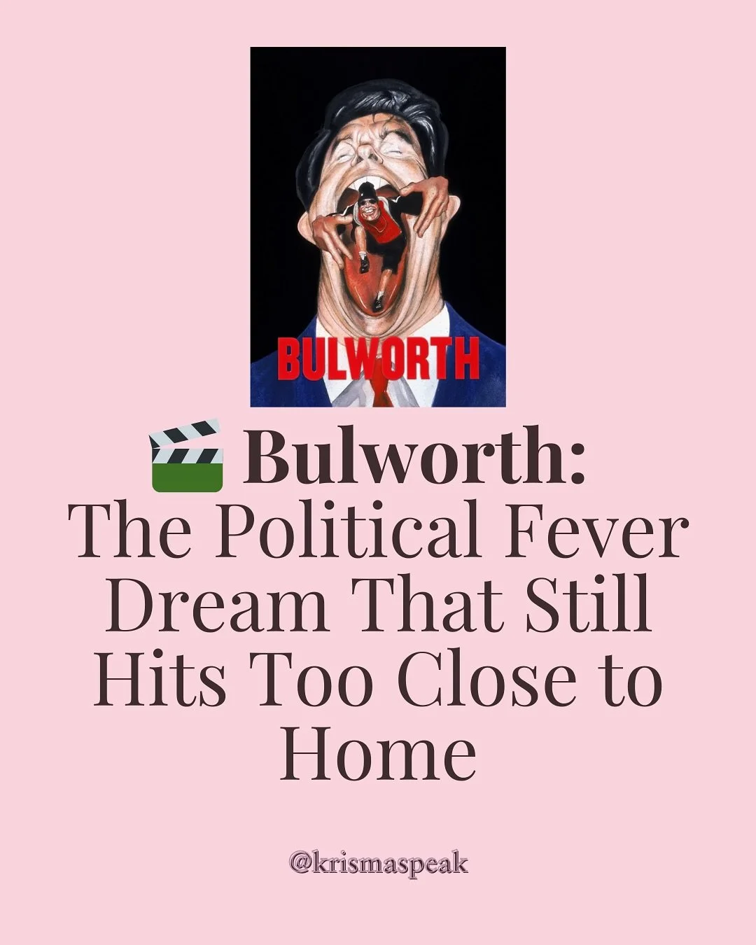 Caption:
What happens when a U.S. Senator hires a hitman to take himself out&hellip; and then decides to spend his last few days telling the truth?

That&rsquo;s the premise of Bulworth, Warren Beatty&rsquo;s bizarre, brilliant, and totally cringe po