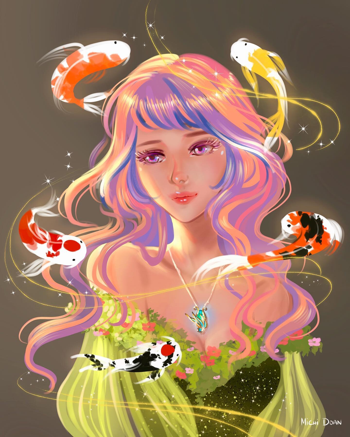 Illustration 34, Koi's Magic Recreation. About 1 &amp; 1/2 years ago, I drew a girl with koi fish. You can see the second slide of the old image. Now, with the same concept and idea, I recreate the piece and call this Koi's Magic. Each has it's own u