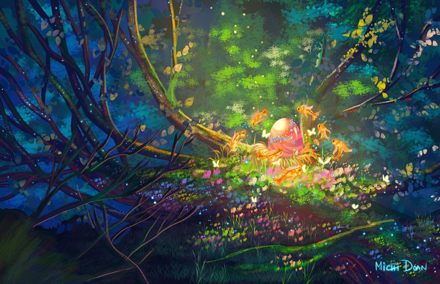 Illustration 31, Dragon's Egg.
Deep in the forest, there's a magical egg surrounds by seven goldfish. The egg begins to hatch, who or what will be born into this earth? 
.
.
I was having way too much fun painting this forest using @devinellekurtz's b