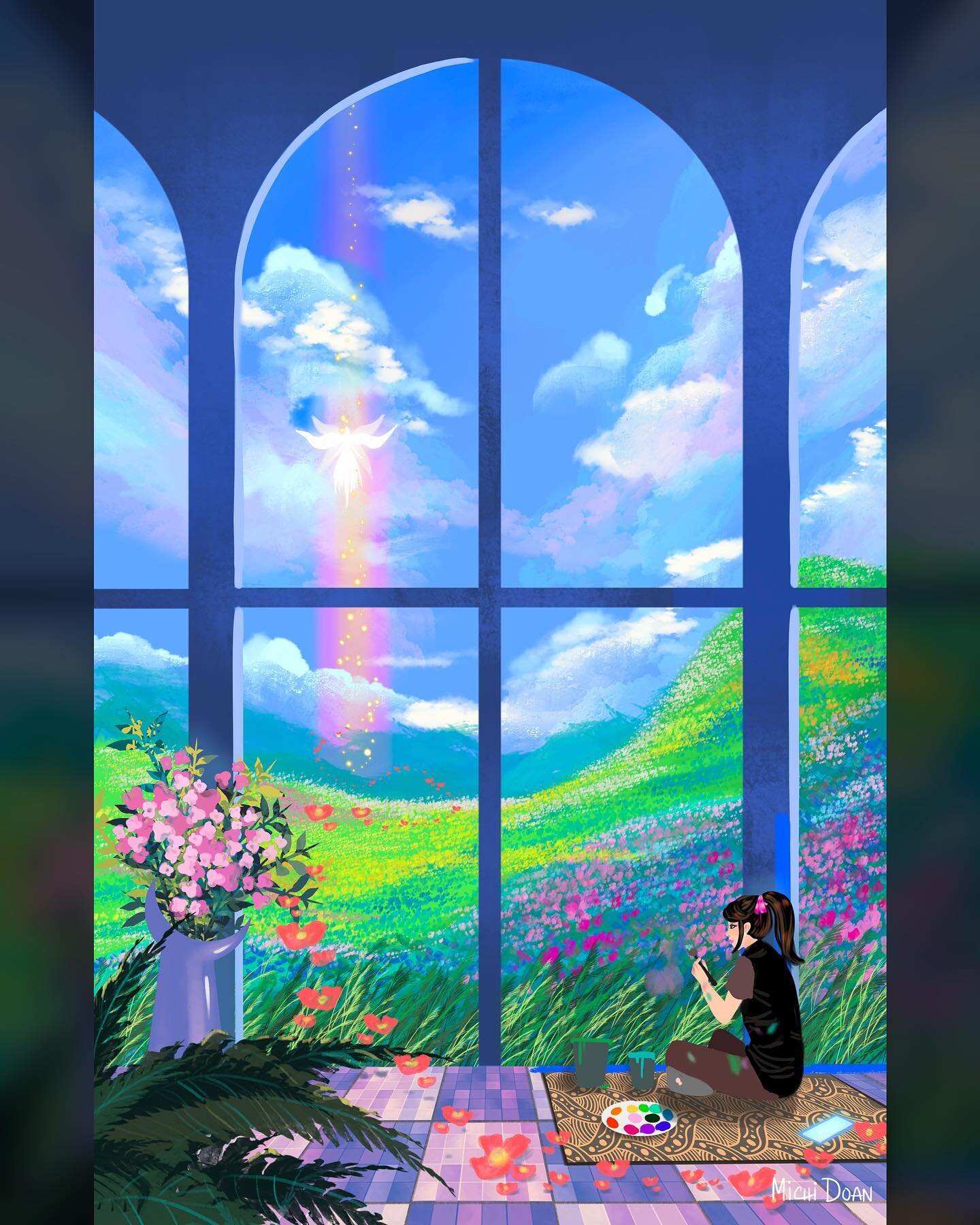 Illustration 30, Illusion Window. Don't have a window in your room? Let's paint one! 
.
.
An artwork idea of a girl painting in her own house (noticed the artist blue tape). Any empty space on the wall can be a canvas that will take you to another wo