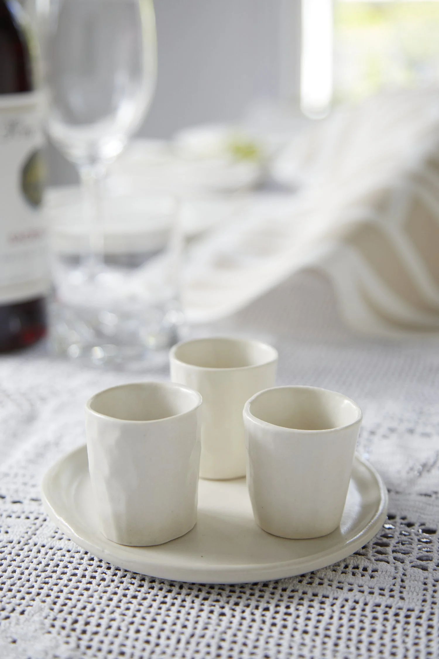 Mini Kiddush Cups & Matching Plate | alabaster