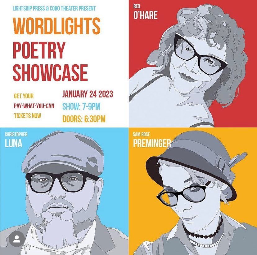 Tonight ❤️💙💛 3 incredible poets take the @cohotheatre stage reading from their brand new books out now by @lightshippress ! This is a quarterly event hosted by @wordlightspoetry 

This is a *pay what you can* event&hellip; so even $0 gets you a sea