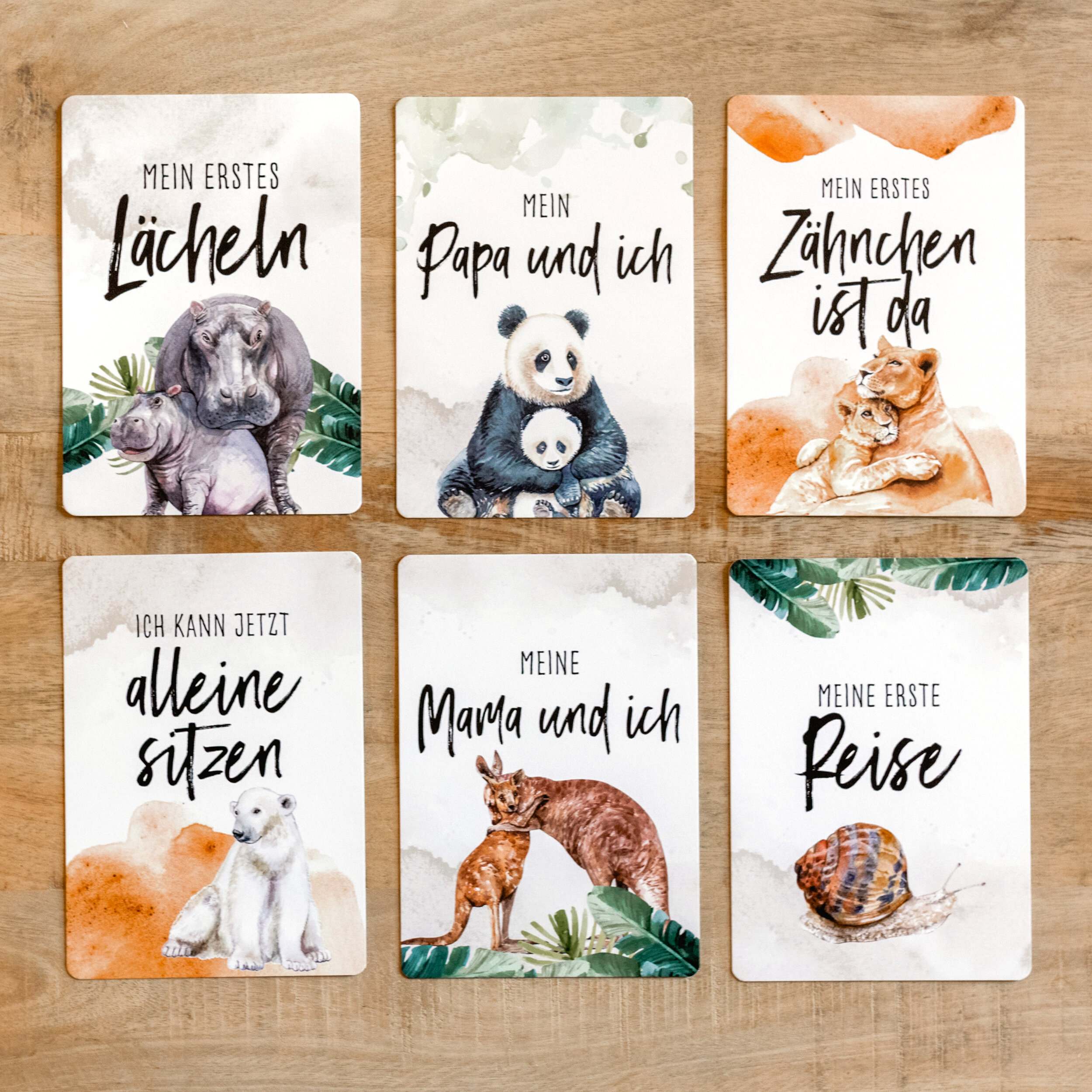 Taufe oder Babyparty 45 Baby Meilensteinkarten Lino für Junge und Mädchen Meilenstein Karten Set Geschenkbox schöne Geschenkidee zur Geburt Tiere, weiß, Deutsch 