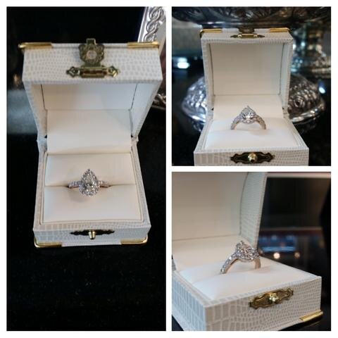 This lovely pear shape diamond engagement ring was custom made for a Maryland bride-to-be whose middle name is Rose. The groom had us accent the ring with rose-gold underneath to pay tribute to her grandmother Rose.