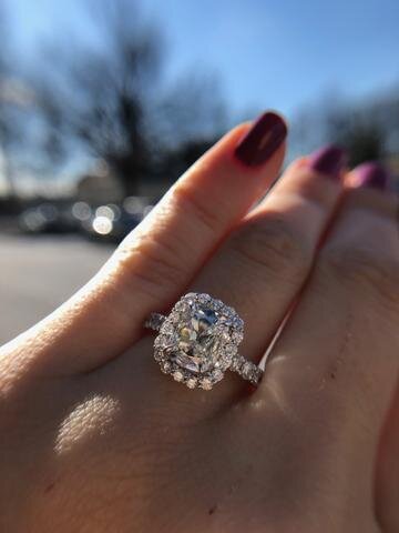 This beautiful H color internally flawless GIA certified cushion brilliant was set with a halo in white gold for a lucky Bethesda bride. We love cushion-cuts at Secrète