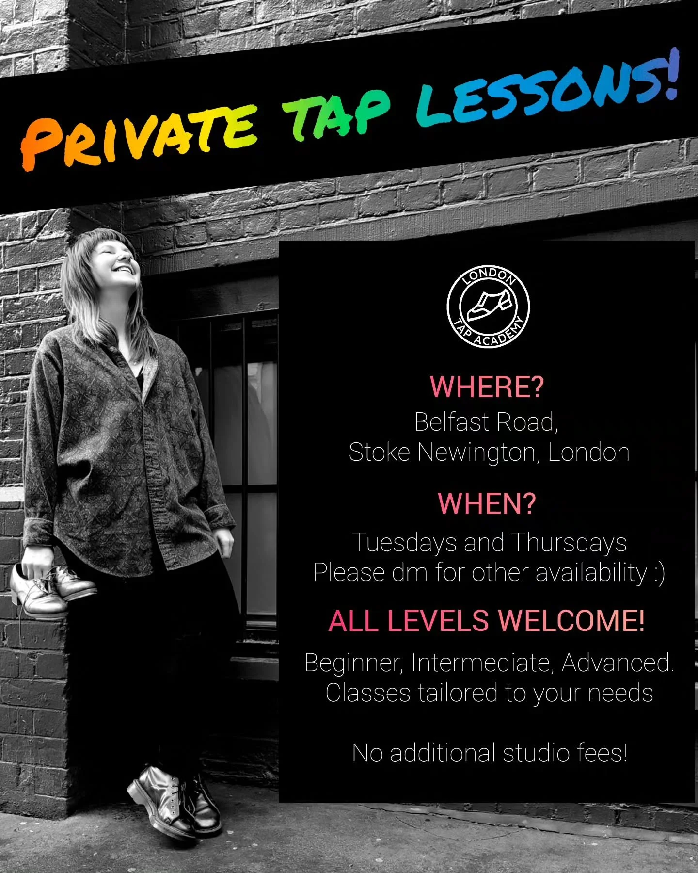 Private lessons at my practice studio in Stoke Newington, East London :)

Please message me on Instagram or send me an email through londontapacademy.com to request a class

🎵💜😎

#tapdance #tapdanceuk #londontapacademy #tapdancelessons #tapdancecl