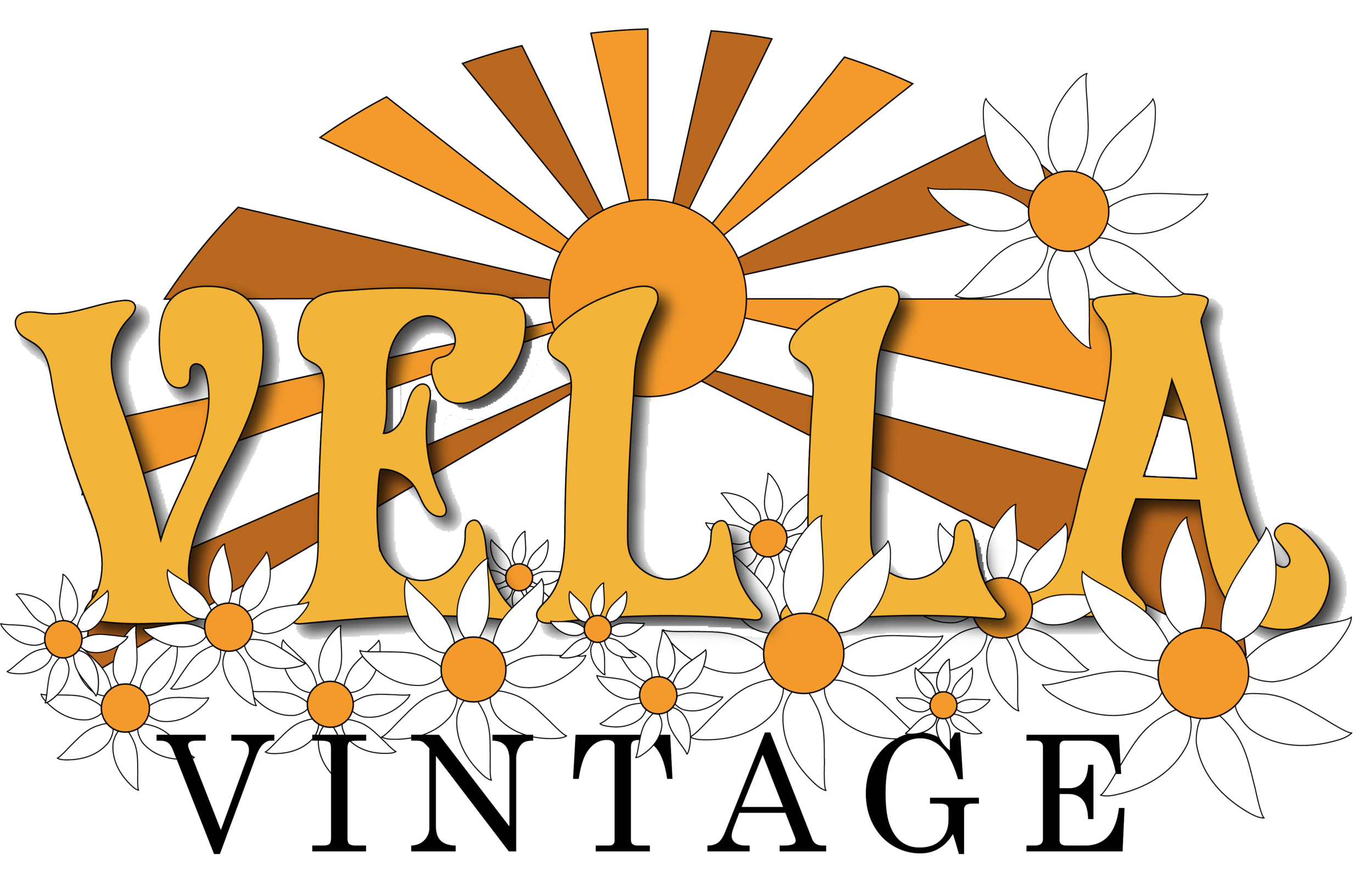 sunset and flowers with words “vella vintage”