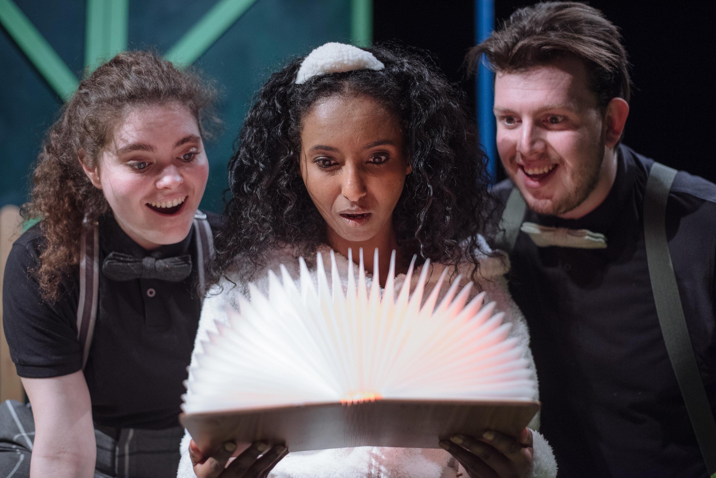  Hermon Berhane as Mathilda, Mia Ward &amp; Adam Jay Price as Narrators. Photo by David Monteith-Hodge/Photographise. 