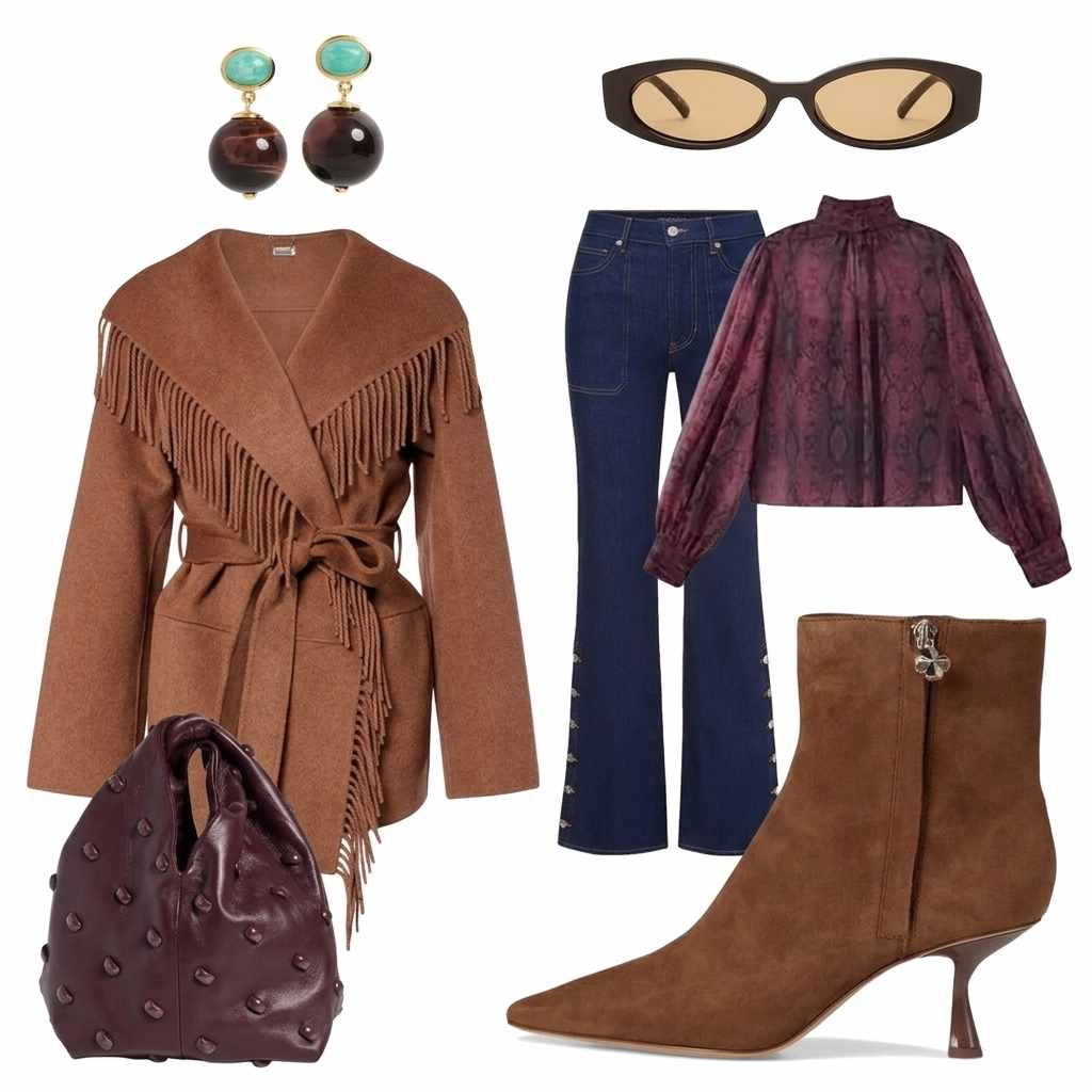 Flat lay of a brown fringe wrap coat styled with brown suede boots, dark jeans, a maroon top, and a leather bag.