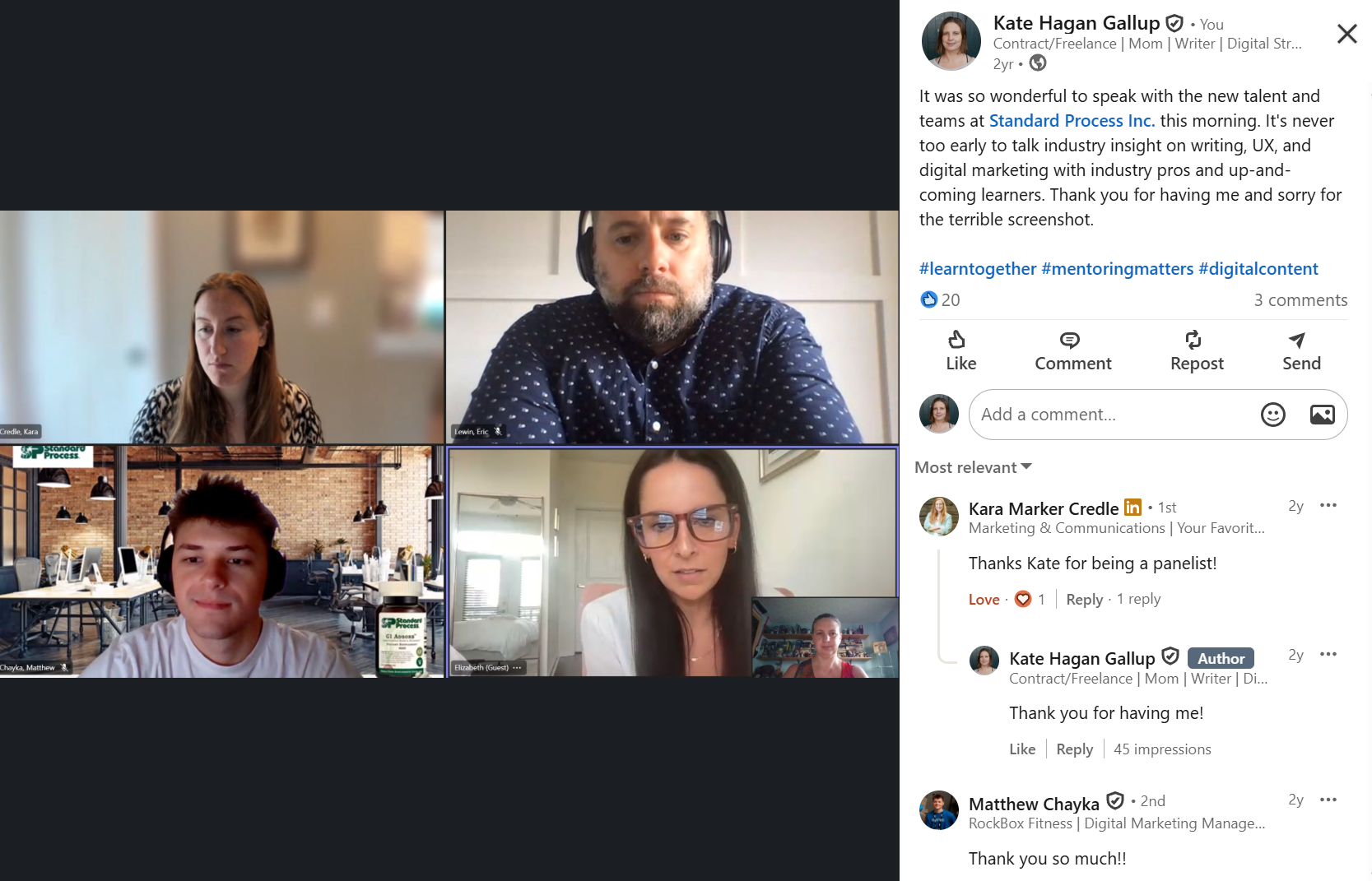 Screenshot of a virtual panel discussion featuring five participants in individual video windows, with a LinkedIn post and comments visible on the right side of the screen.