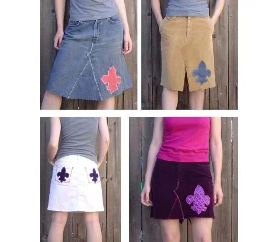 Decorative Appliqué Denim Skirts with Fleur De Lis design