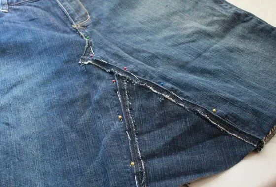 pinned fabric while making a denim skirt