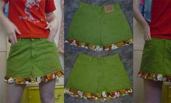 Handmade green denim mini skirt with contrast color stitching