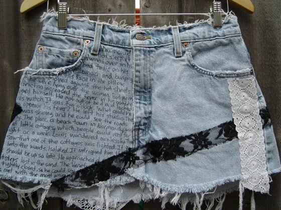 denim mini skirt with "graffiti" and lace