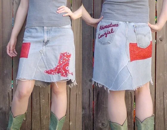 denim skirt with applique cowboy boot