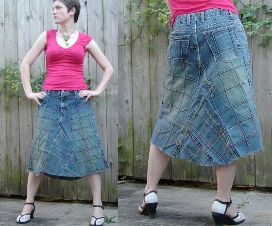 Handmade denim skirt with contrast color stitching.