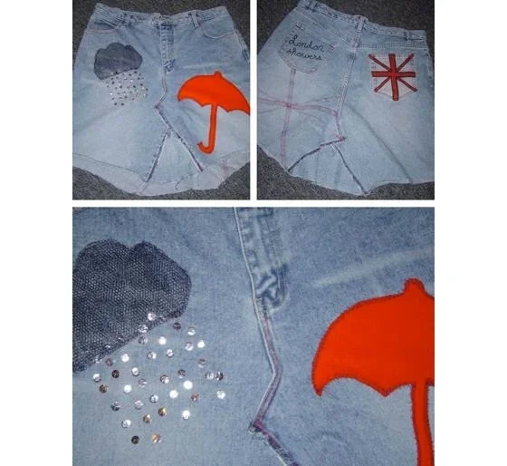 Handmade denim skirt with "London showers" appliqué of a rain cloud & umbrella