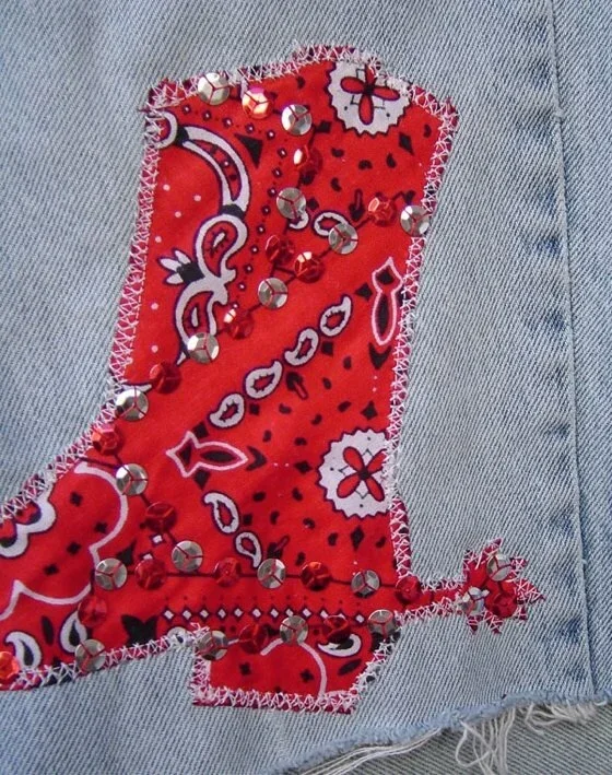 Cowboy boot appliqué on a handmade denim skirt