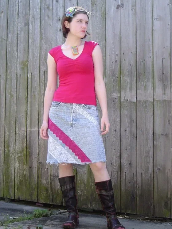 handmade denim skirt with lace overlay