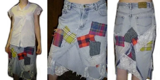 Patchwork handmade denim and flannel skirt