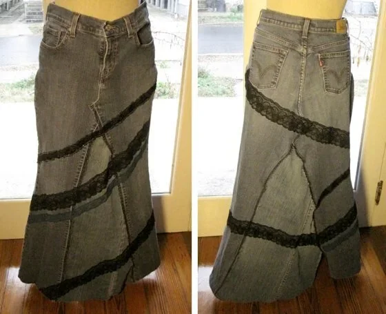 ankle length denim and lace skirt